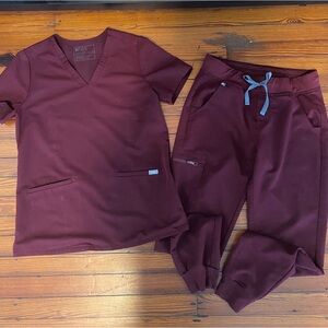 Figs burgundy Casma 3 pocket scrub top and Zamora joggers set